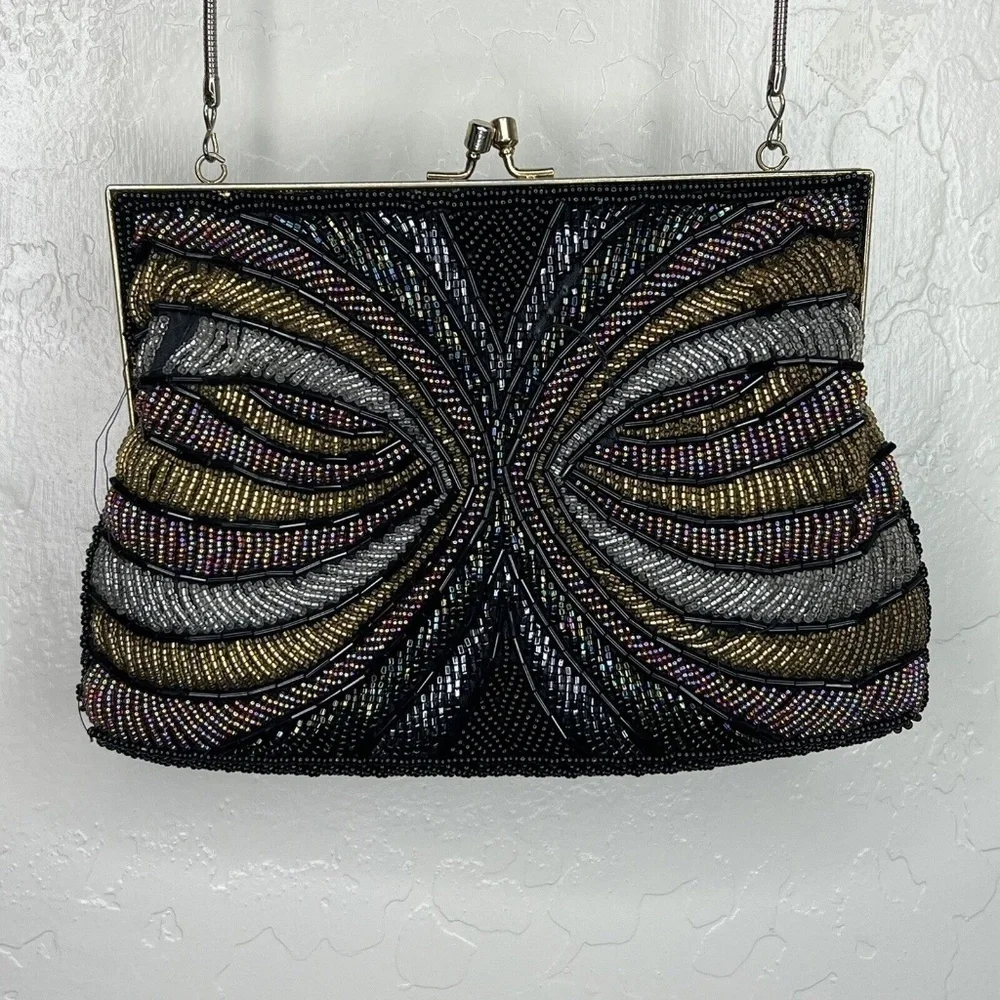 Vintage La Regale Beaded Black Crossbody Bag Evening Purse Chain Strap Handmade